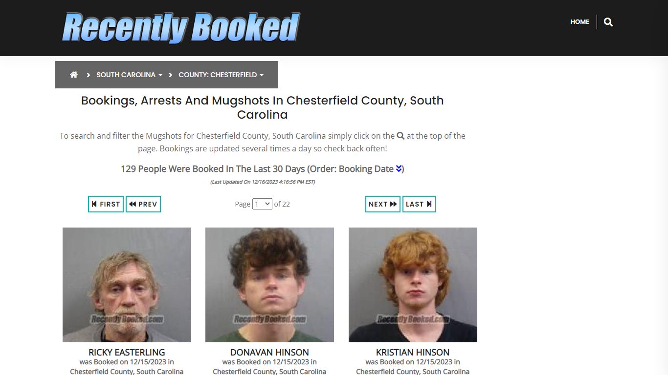 Bookings, Arrests and Mugshots in Chesterfield County, South Carolina